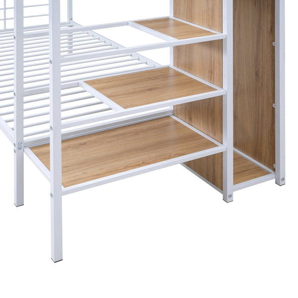 English Elm Twin Metal Bunk Bed with Built-In Desk, Lateral Storage Ladder and Under-Ladder Wardrobe Space-saving design for kids and teens White MF315578AAK