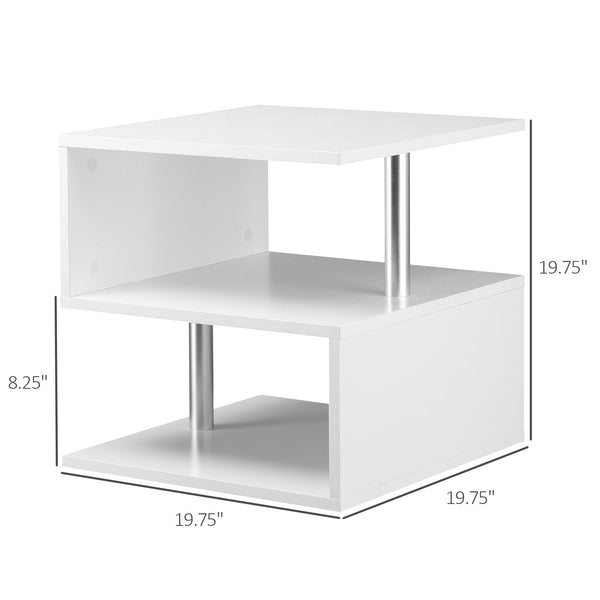 English Elm HOMCOM S-Shaped 3-Tier Modern End Table with Steel Poles, Storage Shelves, Lightweight White Finish W2225P156084