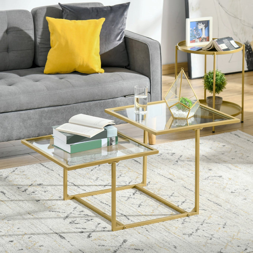 English Elm HOMCOM Gold Tempered Glass Coffee Table with Two Staggered Square Tops, Modern Stable Accent Table W2225P156093
