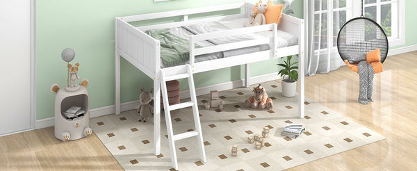 English Elm Twin Low Loft Bed with Ladder and Guardrails for Kids – Pine-MDF Durable Design, Safe Play Space White WF313084AAK