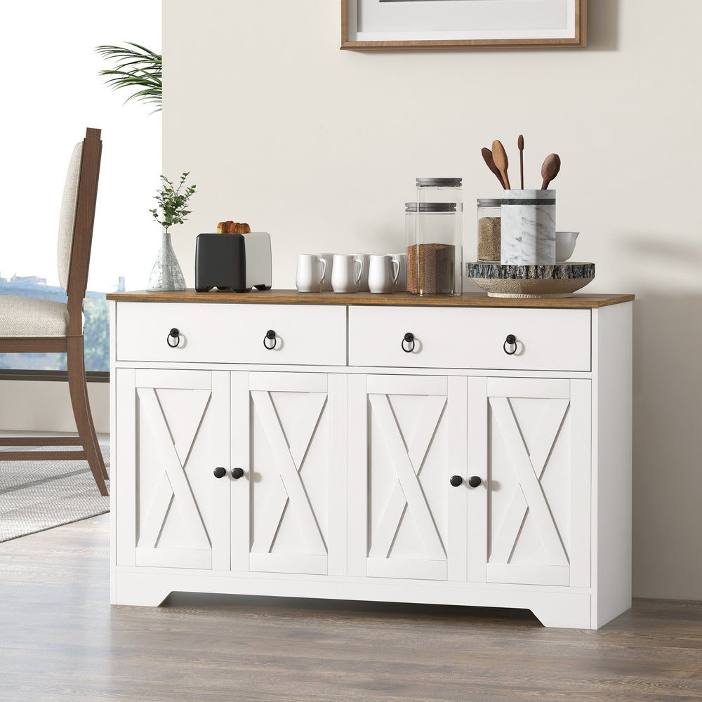 English Elm HOMCOM Farmhouse Sideboard Buffet Cabinet with 2 Drawers, 4 Barn Doors, Adjustable Shelves, White Wood Grain Top W2225P156095