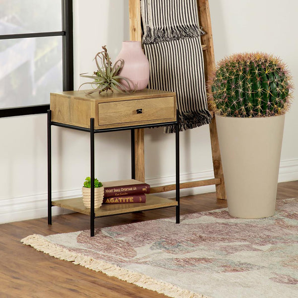 English Elm Natural Mango Accent Table With Drawer & Bottom Shelf - Stylish Storage For Small Spaces! B062P153900