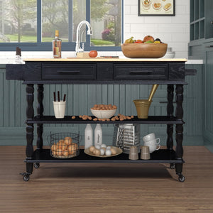 English Elm 56 Inch Rolling Kitchen Island With Storage,Kitchen Cart With Solid Oak Wood Top,Two-Sided Kitchen Island Cart On Wheels , Wine and Spice Rack, Large Kitchen Cart With 2 Drawers, Black+Natural Top