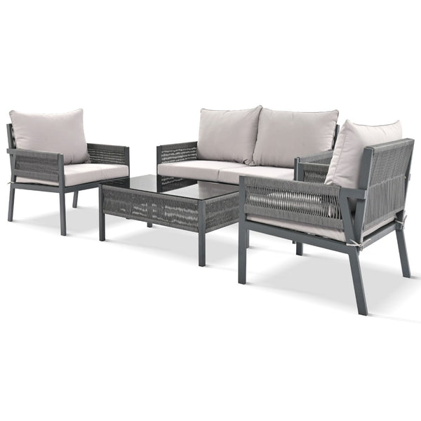English Elm K&k Outdoor 4 Piece Rope Woven Patio Set with Tempered Glass Table Deep Cushions Grey SK000003AAG