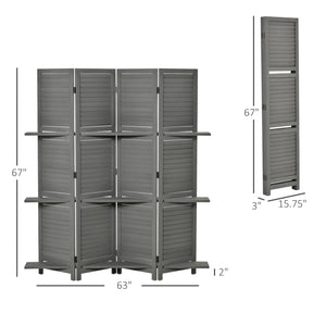 English Elm Homcom 4-Panel Folding Room Divider With Shelves - Stylish Gray Privacy Screen For Bedroom & Office W2225P156079