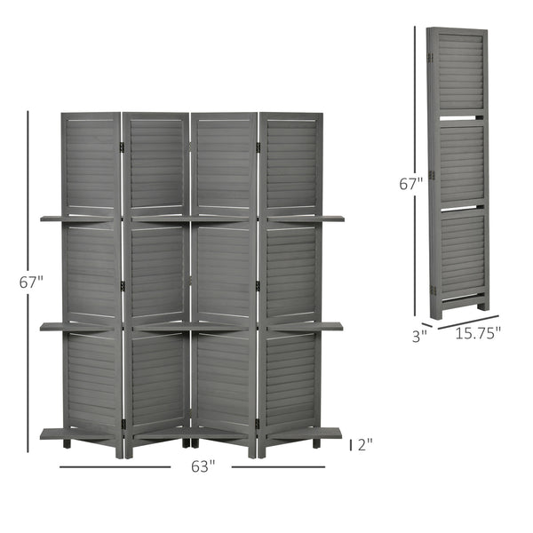 English Elm Homcom 4-Panel Folding Room Divider With Shelves - Stylish Gray Privacy Screen For Bedroom & Office W2225P156079