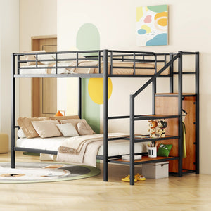 English Elm Full Metal Bunk Bed with Desk, Lateral 3-Tier Ladder Shelves and Under-Ladder Wardrobe for Space-Saving Teens Black SF000083AAB