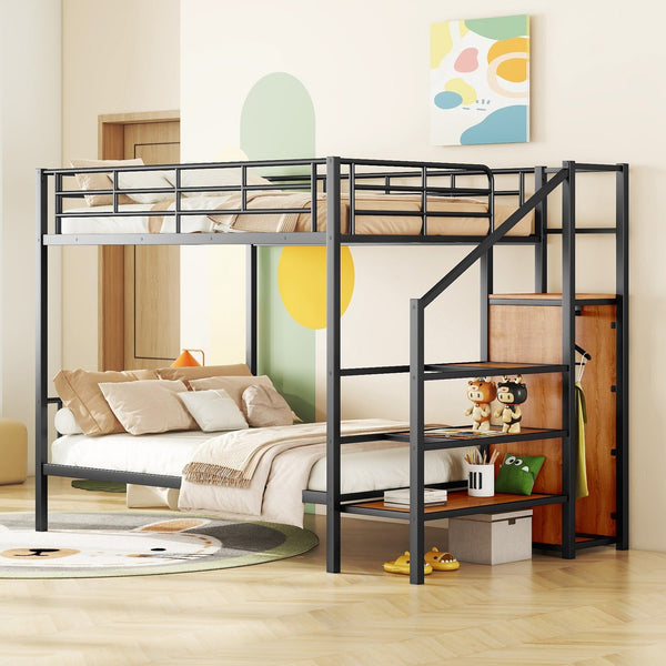 English Elm Full Metal Bunk Bed with Desk, Lateral 3-Tier Ladder Shelves and Under-Ladder Wardrobe for Space-Saving Teens Black SF000083AAB
