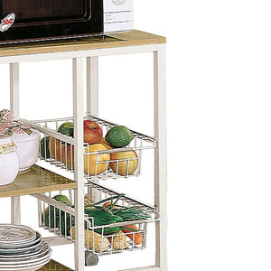 English Elm Natural Brown and White Kitchen Cart with Microwave Top, Two Shelves & Pullout Baskets for Compact Organization B062P153920