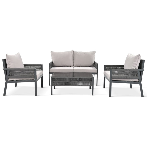 English Elm K&k Outdoor 4 Piece Rope Woven Patio Set with Tempered Glass Table Deep Cushions Grey SK000003AAG