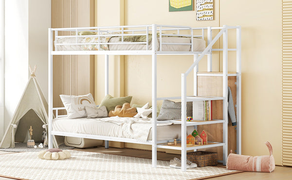 English Elm Twin Metal Bunk Bed with Built-In Desk, Lateral Storage Ladder and Under-Ladder Wardrobe Space-saving design for kids and teens White MF315578AAK