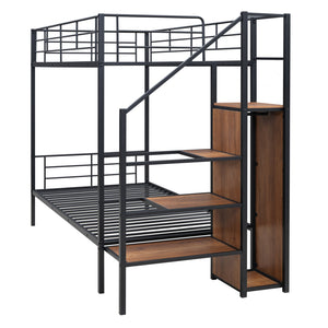 English Elm Twin Metal Bunk Bed with Built-In Desk, Lateral Storage Ladder and Under-Ladder Wardrobe Space-saving design for kids and teens Black MF315578AAB