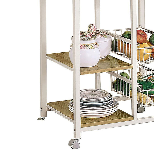 English Elm Natural Brown and White Kitchen Cart with Microwave Top, Two Shelves & Pullout Baskets for Compact Organization B062P153920