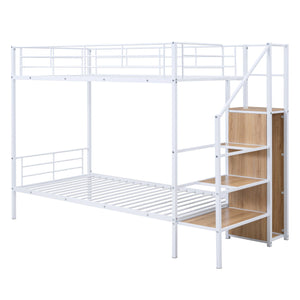 English Elm Twin Metal Bunk Bed with Built-In Desk, Lateral Storage Ladder and Under-Ladder Wardrobe Space-saving design for kids and teens White MF315578AAK