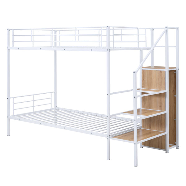 English Elm Twin Metal Bunk Bed with Built-In Desk, Lateral Storage Ladder and Under-Ladder Wardrobe Space-saving design for kids and teens White MF315578AAK