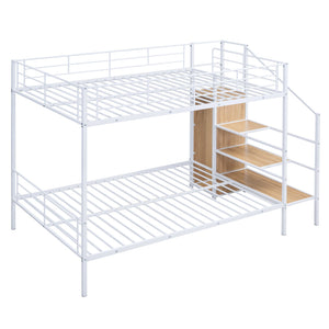 English Elm Full Metal Bunk Bed with Desk, Lateral 3-Tier Ladder Shelves and Under-Ladder Wardrobe for Space-Saving Teens White SF000083AAK