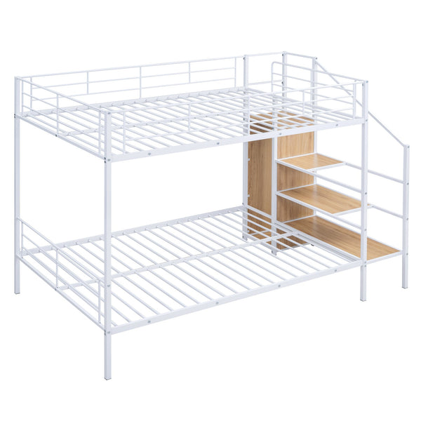 English Elm Full Metal Bunk Bed with Desk, Lateral 3-Tier Ladder Shelves and Under-Ladder Wardrobe for Space-Saving Teens White SF000083AAK