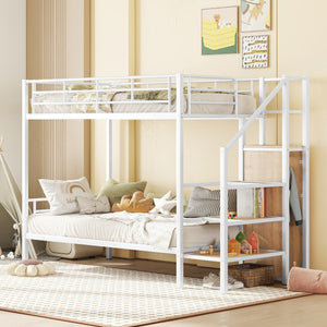 English Elm Twin Metal Bunk Bed with Built-In Desk, Lateral Storage Ladder and Under-Ladder Wardrobe Space-saving design for kids and teens White MF315578AAK