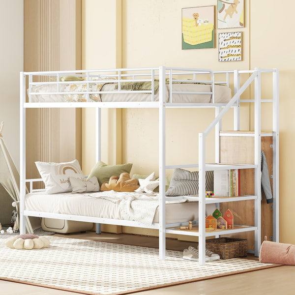 English Elm Twin Metal Bunk Bed with Built-In Desk, Lateral Storage Ladder and Under-Ladder Wardrobe Space-saving design for kids and teens White MF315578AAK