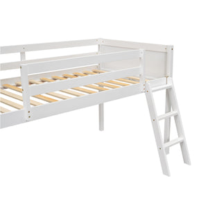 English Elm Twin Low Loft Bed with Ladder and Guardrails for Kids – Pine-MDF Durable Design, Safe Play Space White WF313084AAK