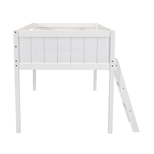 English Elm Twin Low Loft Bed with Ladder and Guardrails for Kids – Pine-MDF Durable Design, Safe Play Space White WF313084AAK