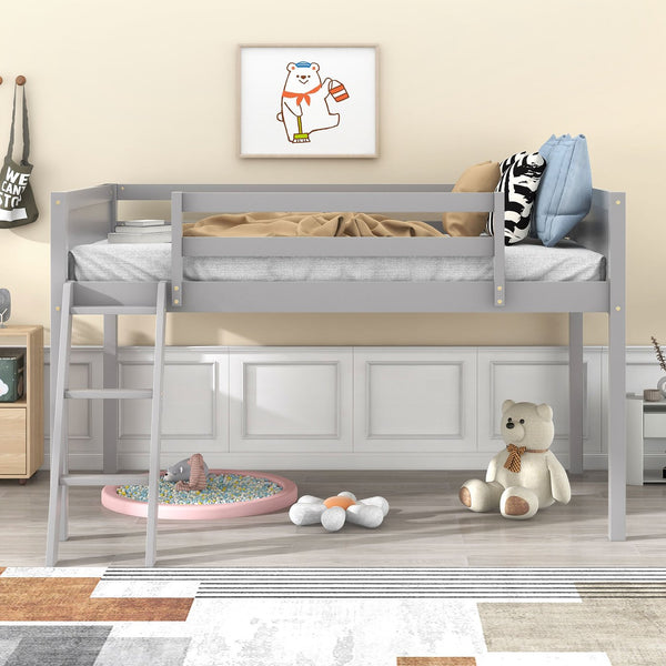 English Elm Twin Low Loft Bed with Ladder and Guardrails for Kids – Pine-MDF Durable Design, Safe Play Space Gray WF313084AAE