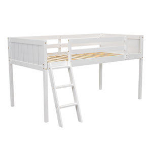 English Elm Twin Low Loft Bed with Ladder and Guardrails for Kids – Pine-MDF Durable Design, Safe Play Space White WF313084AAK