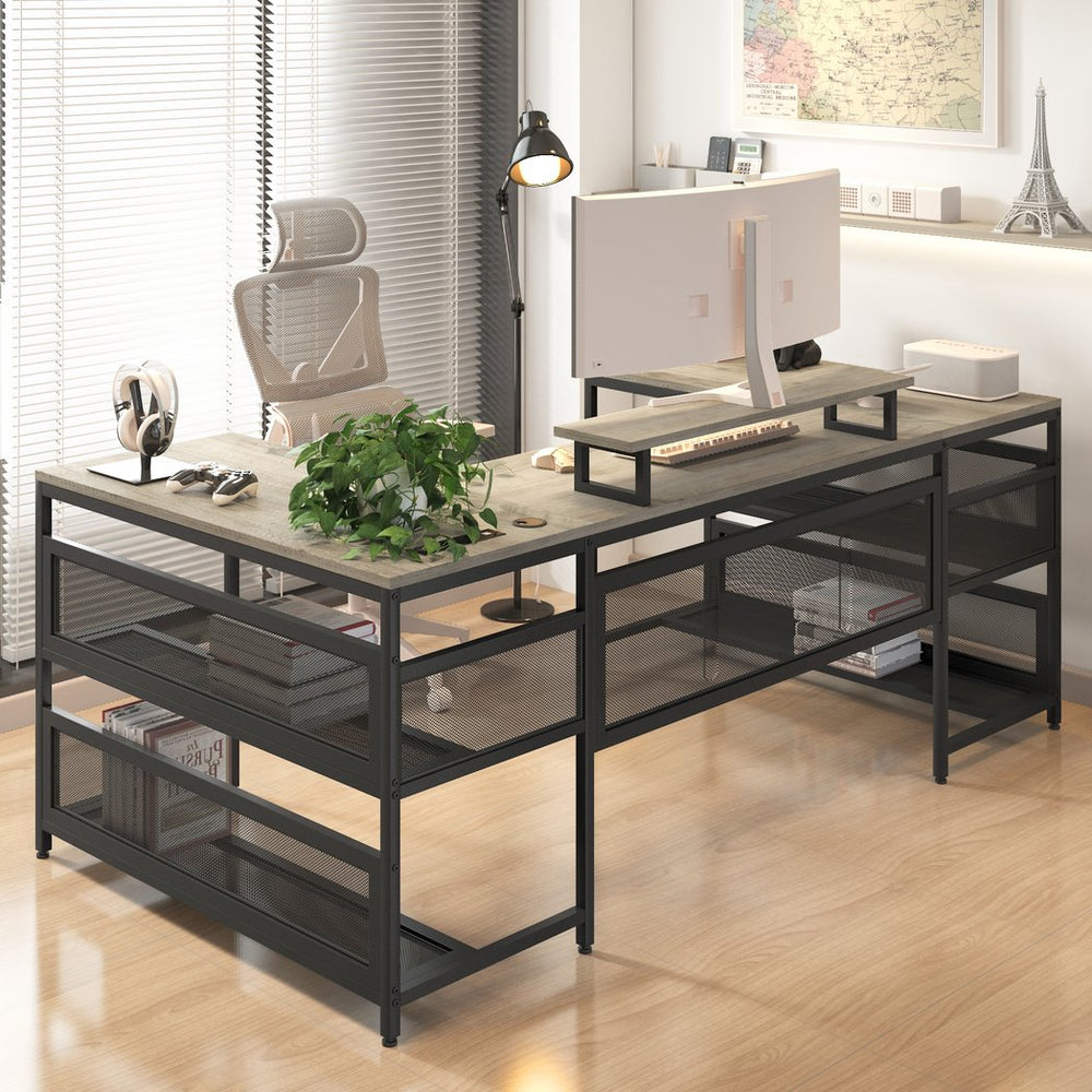 English Elm U U-Shaped Desk with LED Lights, Power Outlets & Monitor Stand, Sturdy Metal Frame, Spacious Workstation W578P149135