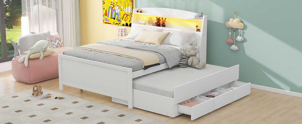 English Elm Full Full Size Platform Bed with LED Headboard, Storage Drawers & Twin Trundle, Solid Wood White GX000723AAK