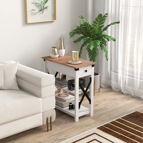 English Elm HOMCOM Compact Side Table with Charging Station, 2 USB + Outlet, 2-Tier Shelves & Cabinet Storage W2225P156069