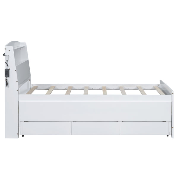 English Elm Twin Platform Bed with LED Headboard, Trundle & 3 Drawers White — Storage, Solid Wood Design GX000722AAK