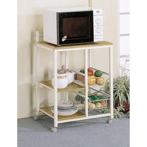 English Elm Natural Brown and White Kitchen Cart with Microwave Top, Two Shelves & Pullout Baskets for Compact Organization B062P153920