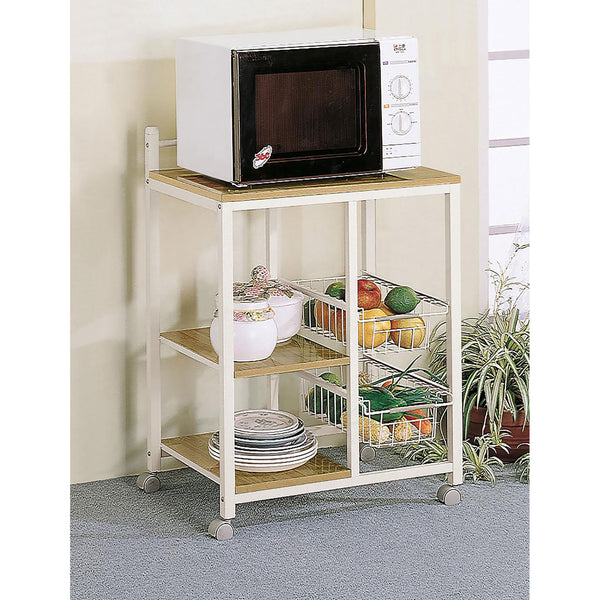 English Elm Natural Brown and White Kitchen Cart with Microwave Top, Two Shelves & Pullout Baskets for Compact Organization B062P153920
