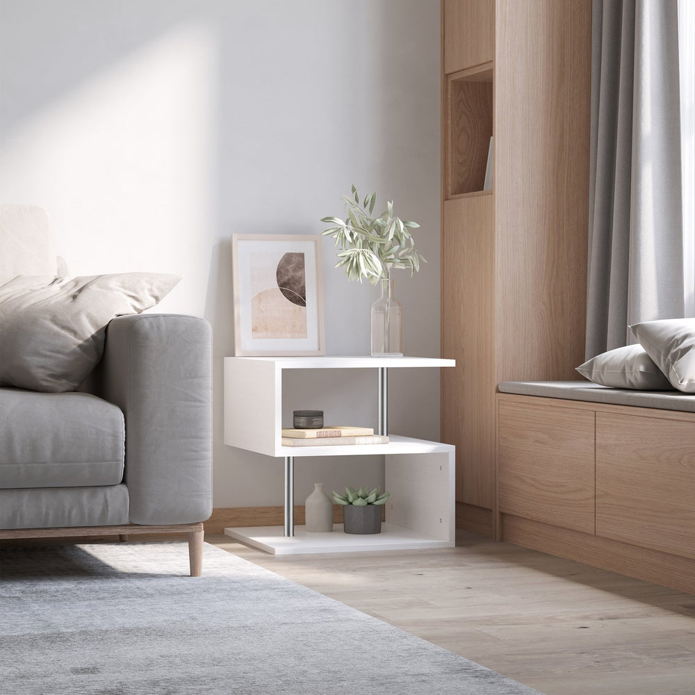 English Elm HOMCOM S-Shaped 3-Tier Modern End Table with Steel Poles, Storage Shelves, Lightweight White Finish W2225P156084