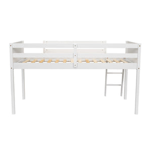 English Elm Twin Low Loft Bed with Ladder and Guardrails for Kids – Pine-MDF Durable Design, Safe Play Space White WF313084AAK