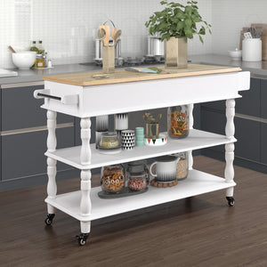 English Elm 56 Inch Rolling Kitchen Island With Storage,Kitchen Cart With Solid Oak Wood Top,Two-Sided Kitchen Island Cart On Wheels ,Wine and Spice Rack, Large Kitchen Cart With 2 Drawers, Milk White+Natural Top