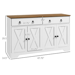 English Elm HOMCOM Farmhouse Sideboard Buffet Cabinet with 2 Drawers, 4 Barn Doors, Adjustable Shelves, White Wood Grain Top W2225P156095