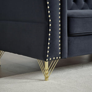 English Elm 60.2" Chesterfield Sofa Elegant Beige Velvet 2-Seater Tufted Couch with Metal Legs, Nailhead Trim for Living Room Black W834S00174