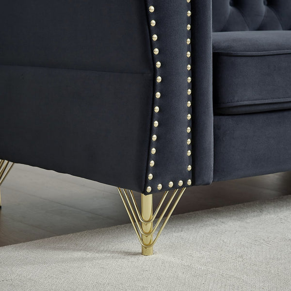 English Elm 60.2" Chesterfield Sofa Elegant Beige Velvet 2-Seater Tufted Couch with Metal Legs, Nailhead Trim for Living Room Black W834S00174