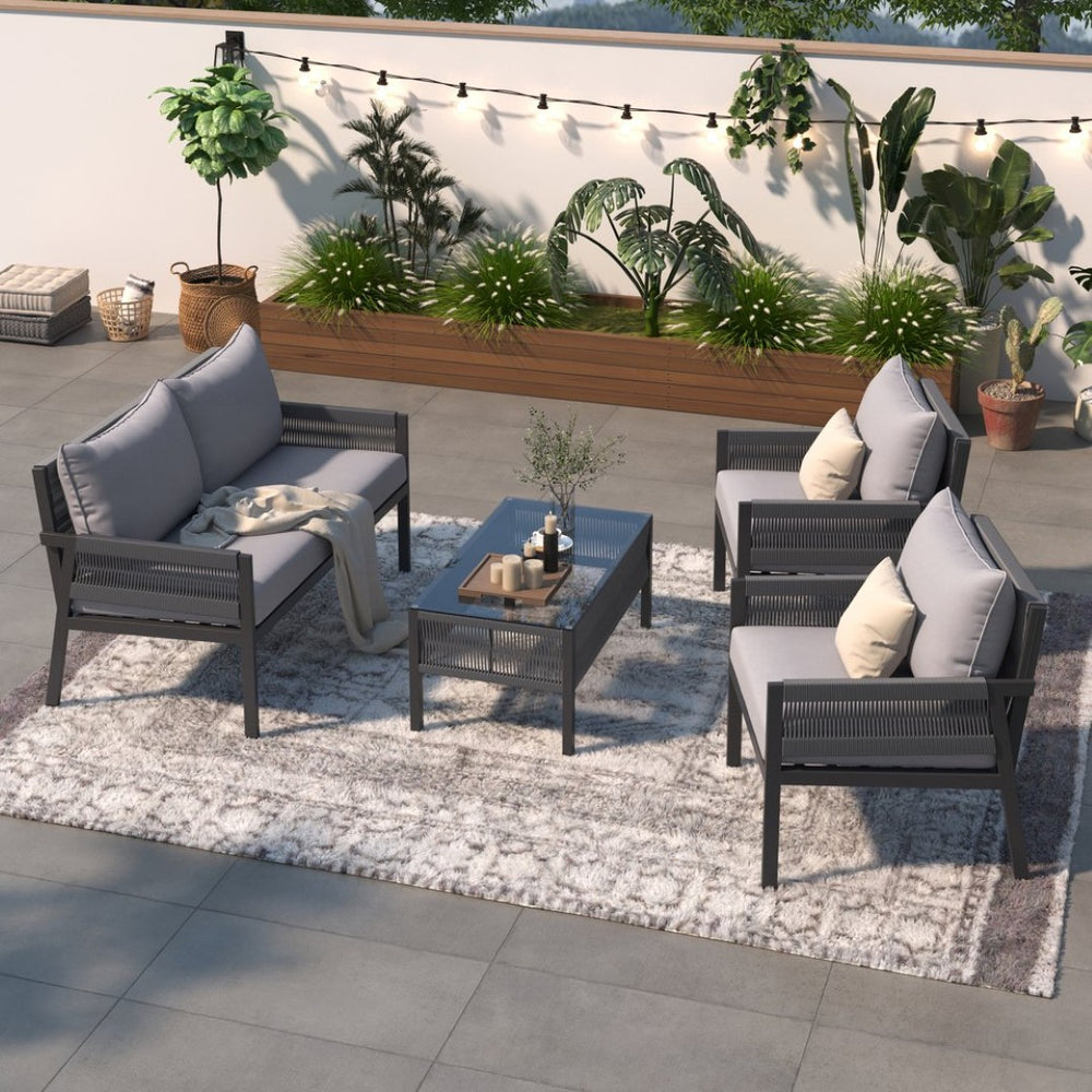 English Elm K&k Outdoor 4 Piece Rope Woven Patio Set with Tempered Glass Table Deep Cushions Grey SK000003AAG