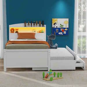 English Elm Twin Platform Bed with LED Headboard, Trundle & 3 Drawers White — Storage, Solid Wood Design GX000722AAK