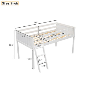English Elm Twin Low Loft Bed with Ladder and Guardrails for Kids – Pine-MDF Durable Design, Safe Play Space White WF313084AAK
