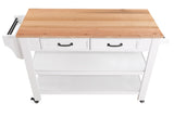 English Elm 57 Inch Rolling Kitchen Island With Storage,Kitchen Cart With Solid Oak Wood Top,Two-Sided Kitchen Island Cart On Wheels ,Wine and Spice Rack, Large Kitchen Cart With 2 Drawers, Milk White+Natural Top