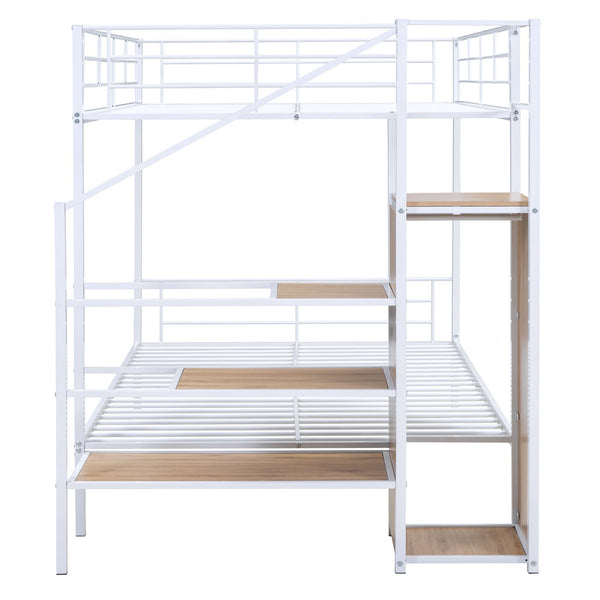 English Elm Full Metal Bunk Bed with Desk, Lateral 3-Tier Ladder Shelves and Under-Ladder Wardrobe for Space-Saving Teens White SF000083AAK