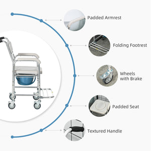 English Elm HOMCOM 3-in-1 Shower Commode Wheelchair with Padded Seat, Waterproof Aluminum Frame, 330 lb Capacity W2225P156080