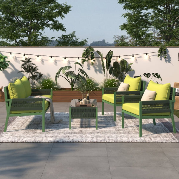English Elm K&k Outdoor 4 Piece Rope Woven Patio Set with Tempered Glass Table Deep Cushions Green SK000003AAE