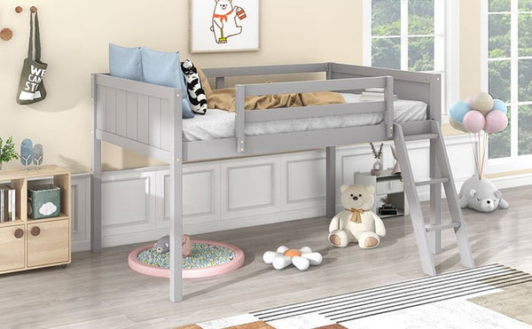 English Elm Twin Low Loft Bed with Ladder and Guardrails for Kids – Pine-MDF Durable Design, Safe Play Space Gray WF313084AAE