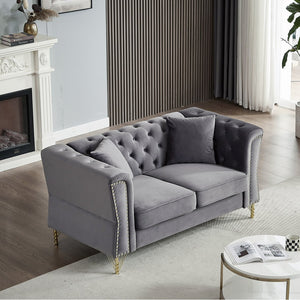 English Elm 60.2" Chesterfield Sofa Elegant Beige Velvet 2-Seater Tufted Couch with Metal Legs, Nailhead Trim for Living Room Grey W834S00175