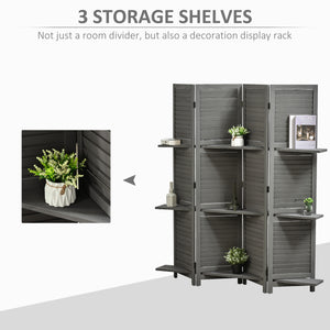 English Elm Homcom 4-Panel Folding Room Divider With Shelves - Stylish Gray Privacy Screen For Bedroom & Office W2225P156079