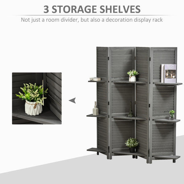 English Elm Homcom 4-Panel Folding Room Divider With Shelves - Stylish Gray Privacy Screen For Bedroom & Office W2225P156079